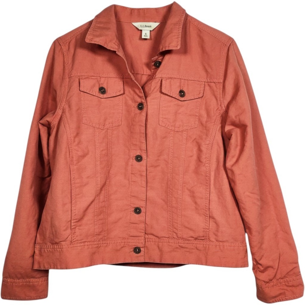 LL Bean Denim Jacket Womens Medium Terracotta Orange Linen Blend Causal